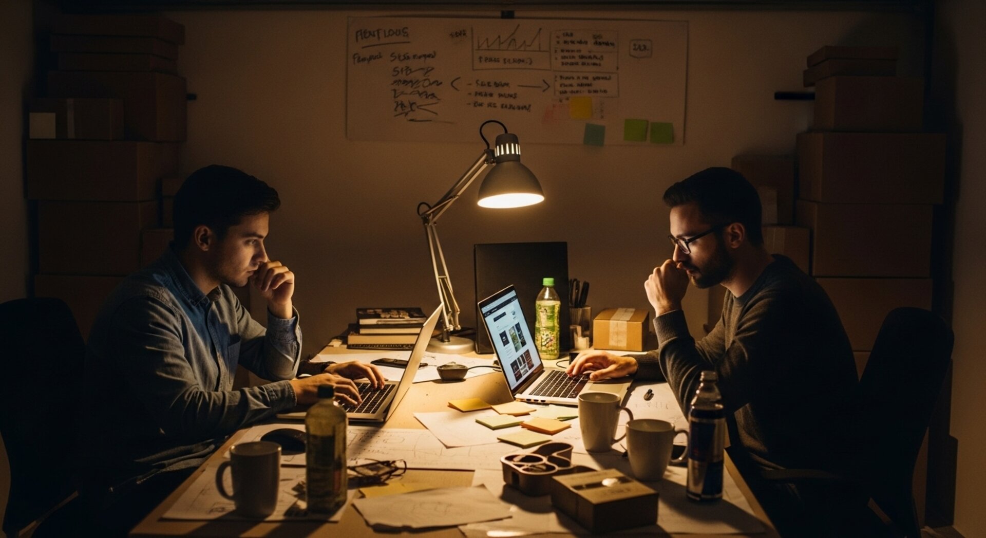 Startup founders working late night in garage office with laptops and shipping boxes