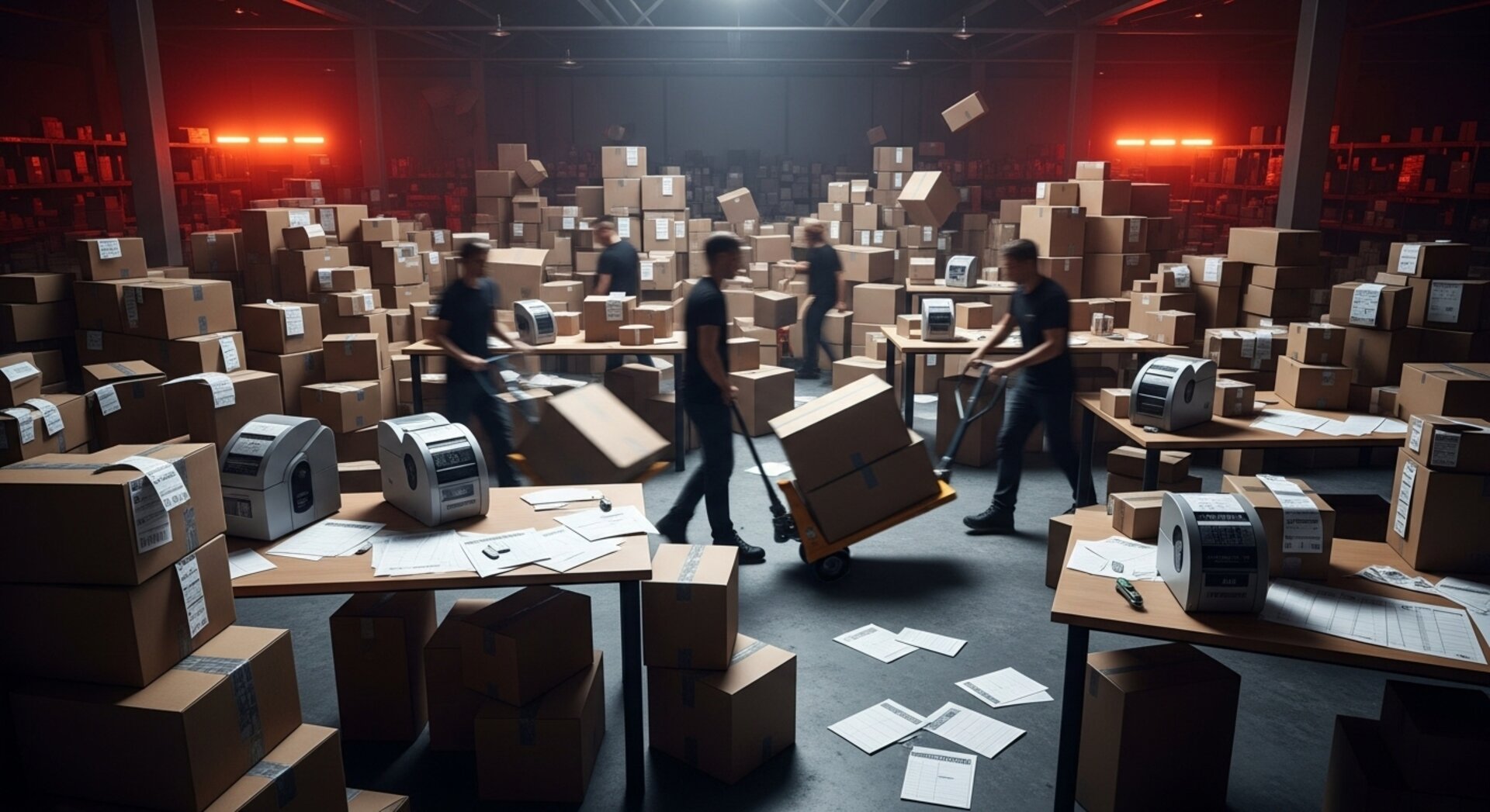 Chaotic warehouse during Black Friday with packages piling up everywhere
