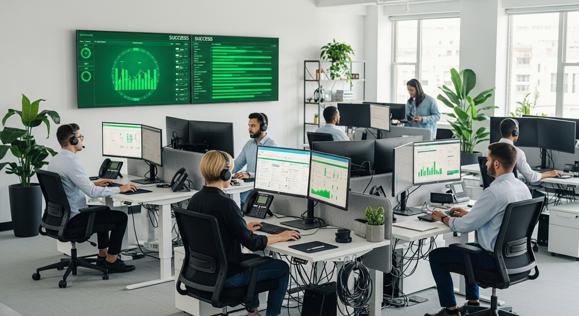 Modern open office with organized support team and success metrics on displays