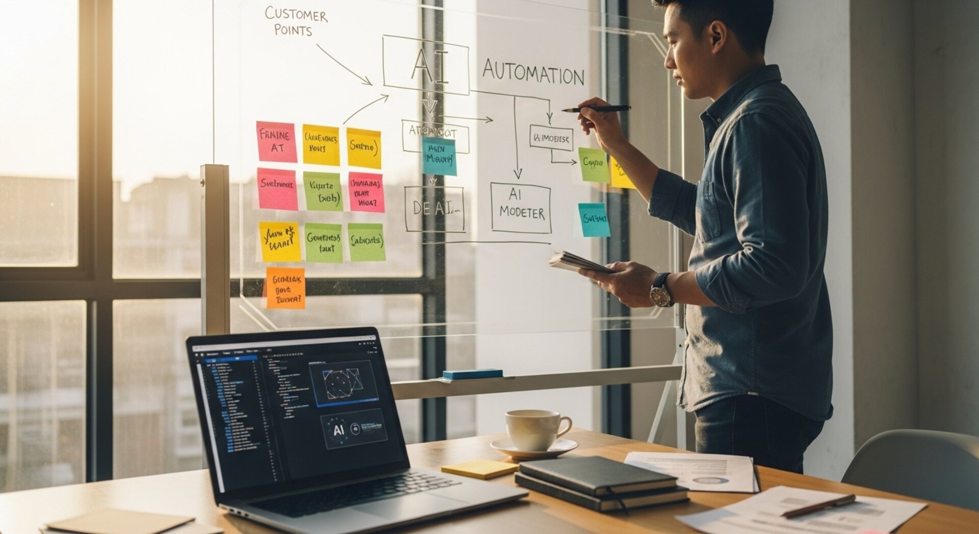 Founder at whiteboard sketching AI automation flowchart with sticky notes