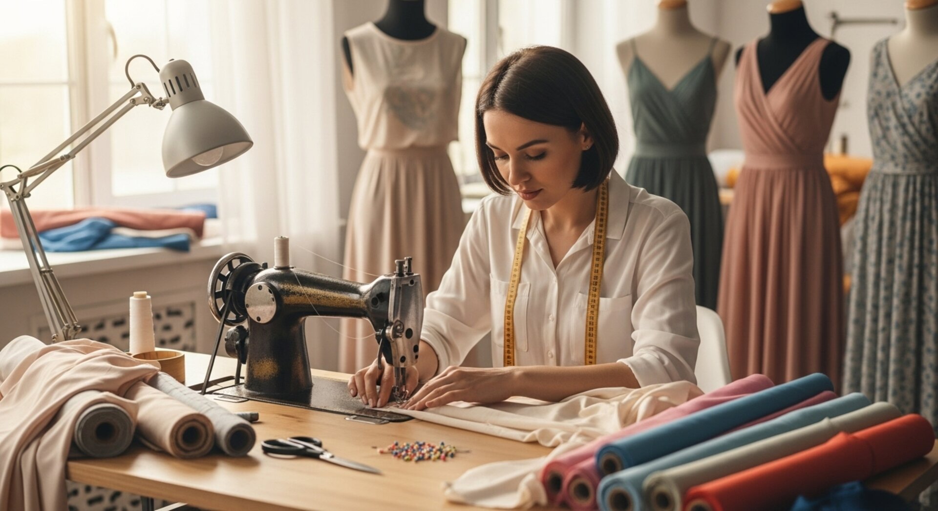 Artisan dressmaker focused on creating handmade clothing in her sunlit workshop