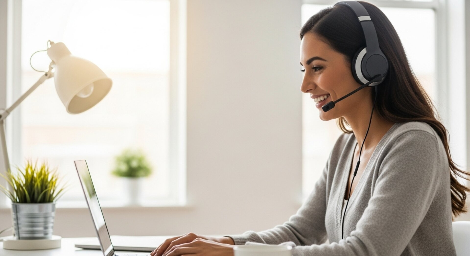 Happy customer service representative with headphones smiling while helping customers on MacBook